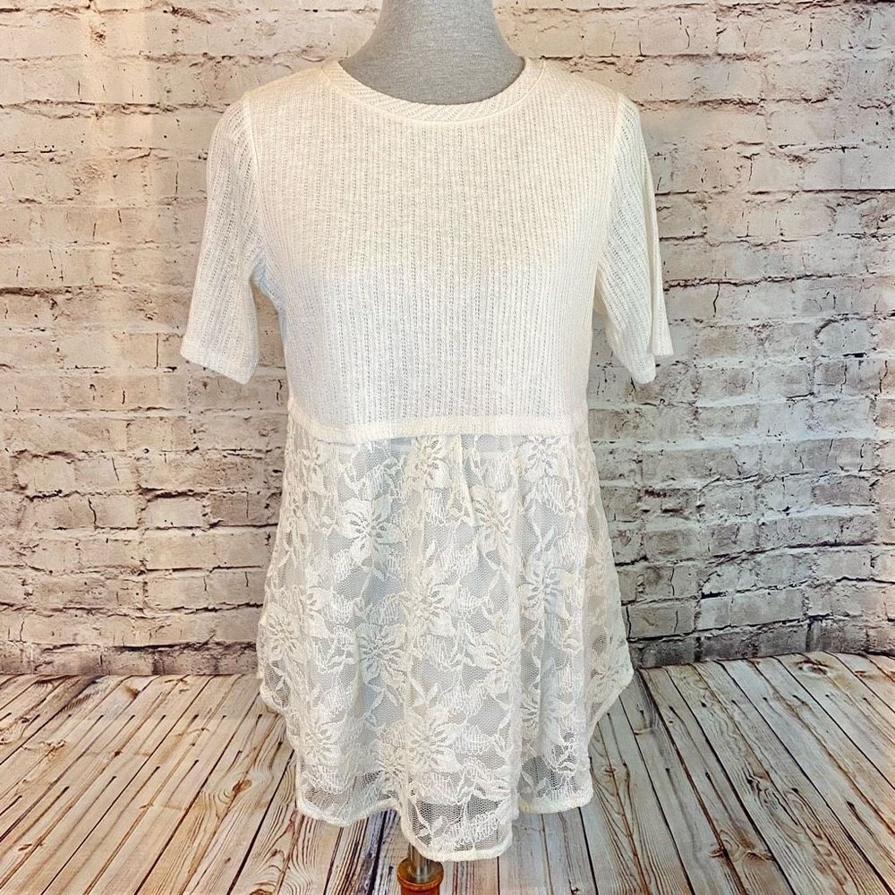 LC Lauren Conrad Lace Layered Babydoll Top Short Sleeve Cream Delicate Size S